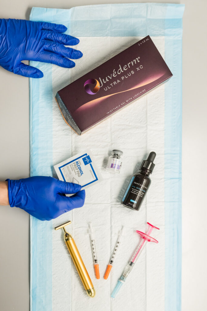 Flat lay of the items used during a botox appointment