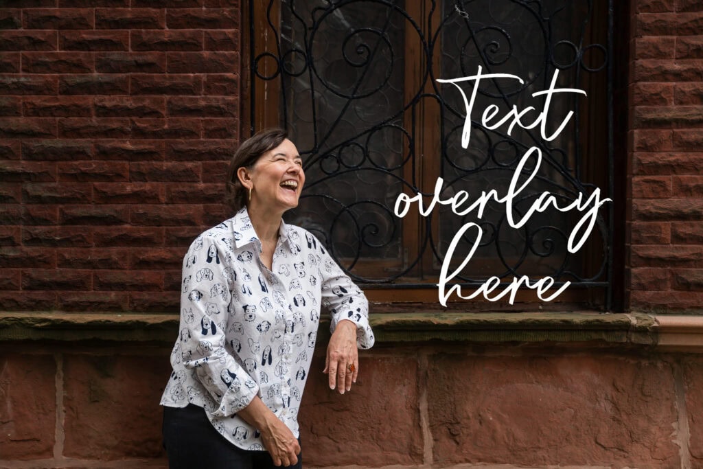 Text overlay sample of photo of woman standing in alley by a dark window textured background and laughs