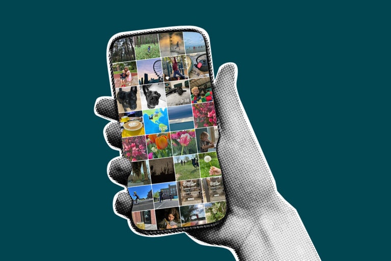 graphic showing a print of a hand holding a phone with Maija Martin's camera roll on on the screen
