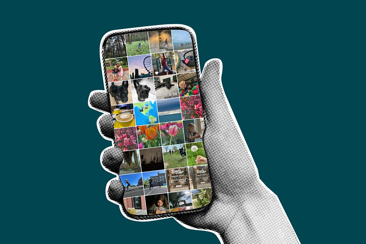 graphic showing a print of a hand holding a phone with Maija Martin's camera roll on on the screen
